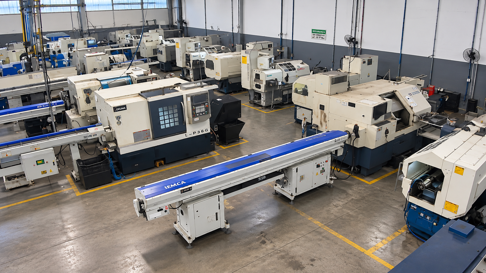 Tornos CNC com alimentadores de barra no setor de usinagem da Calstamp